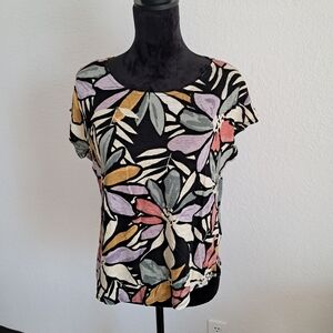 Nicole Miller XL 100% Linen Floral Blouse Short Sleeve Cap Sleeve Round Hem